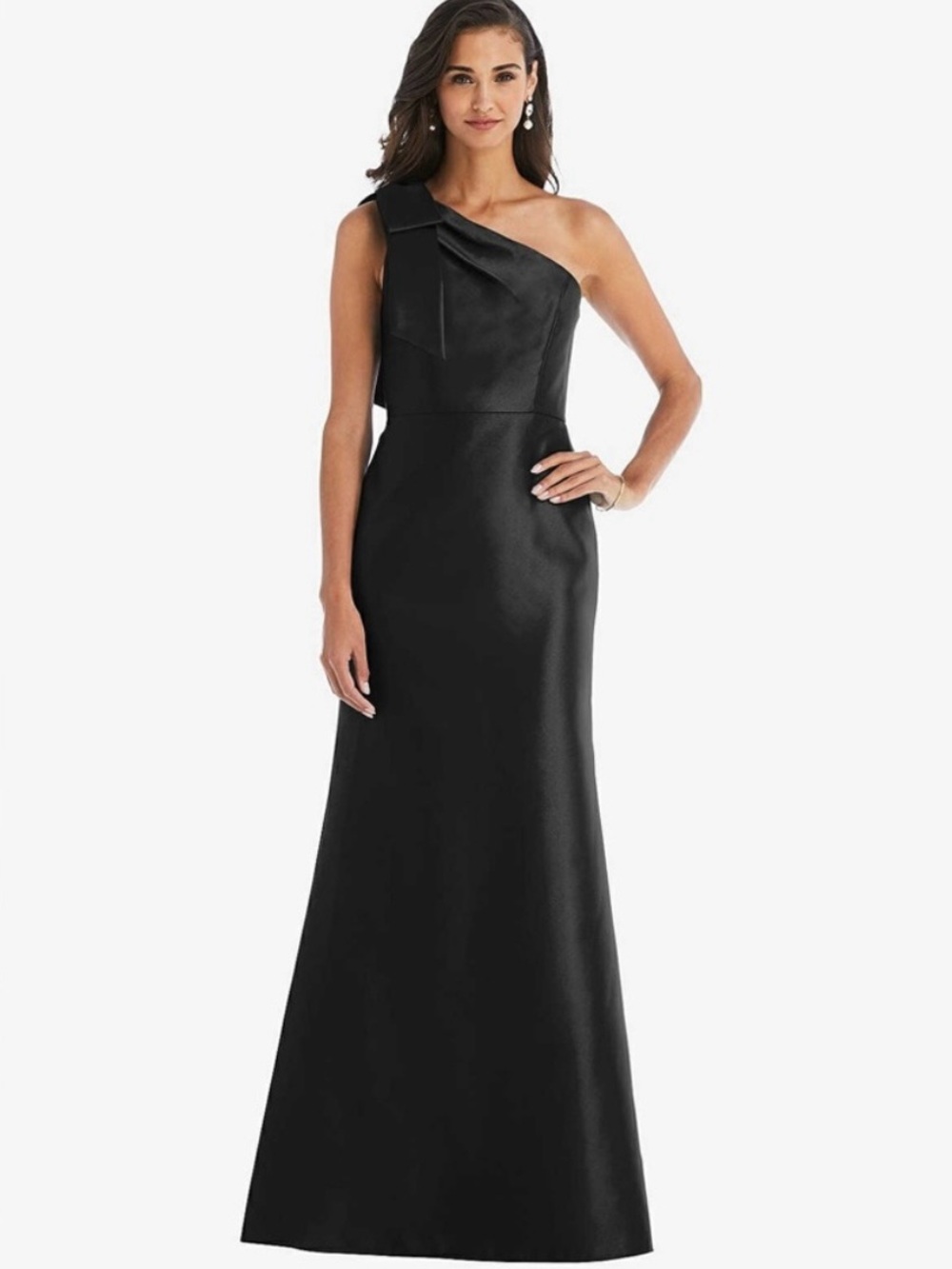 ALFRED SUNG One-Shoulder Black Satin Evening Gown
